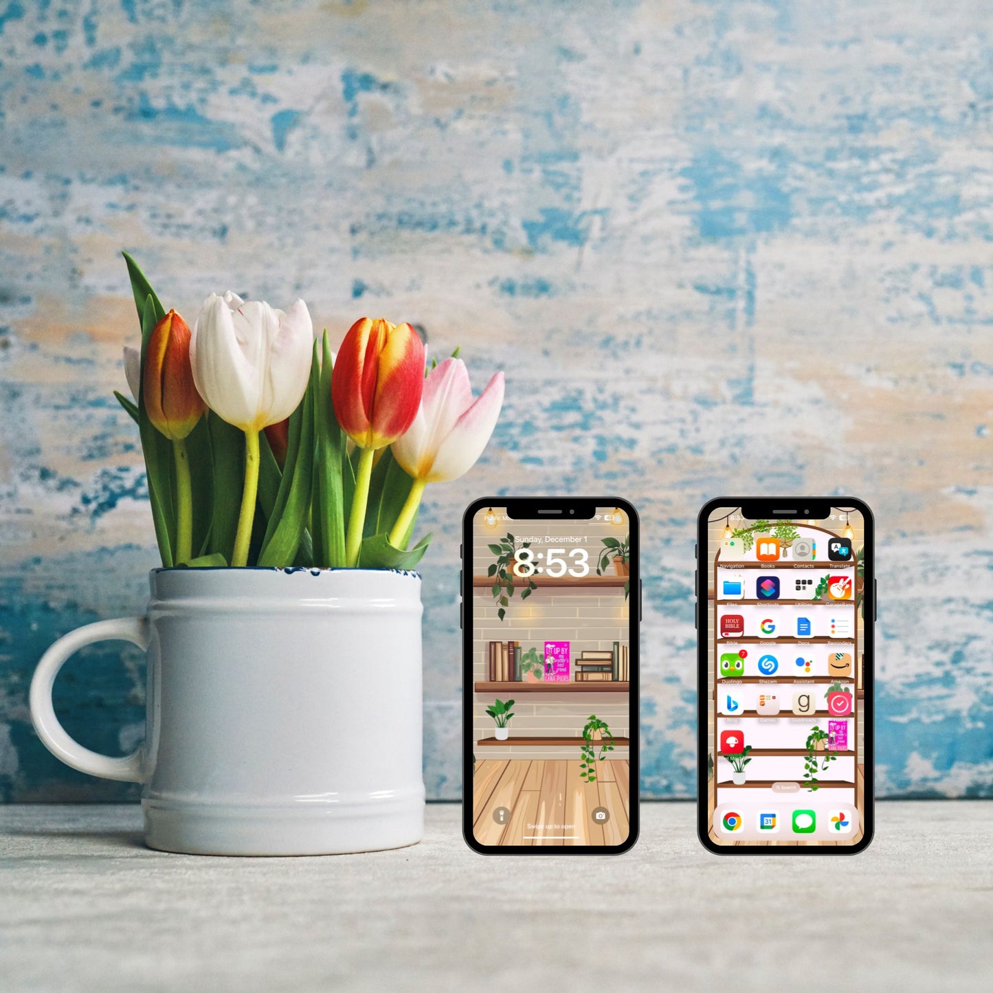 Phone Wallpaper homescreen and Lockscreen Bookshelves Romcom